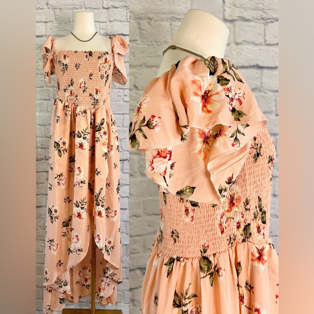 Forever 21 Floral Asymmetrical Dress Peach Off Shoulder Smocked Flowy Romantic